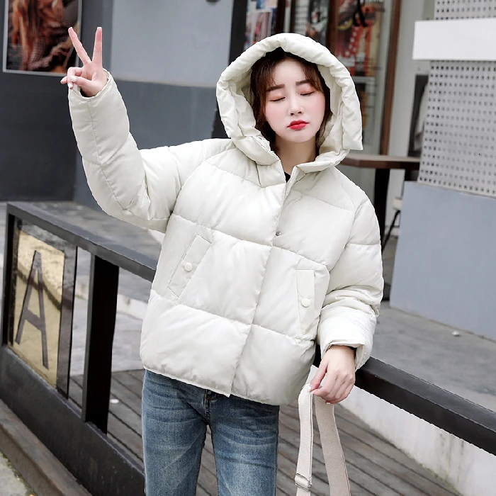 Зимнее короткое хлопковое пальто с капюшоном, женское свободное плотное теплое одноцветное пальто - Цвет: white