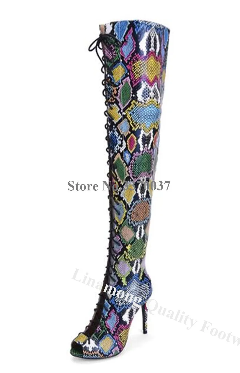 Western Style Peep Toe Mixed-colors Snake Leather Over Knee Gladiator Boots Lace-up Thigh High Long High Heel Boots Dress Heels