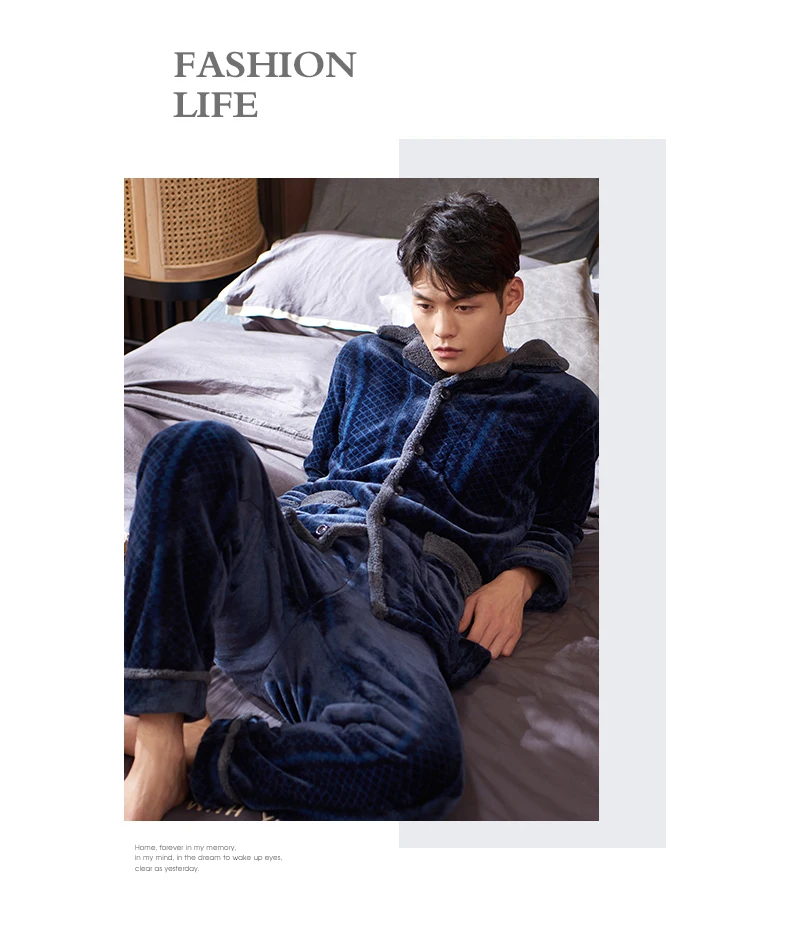 cotton pyjamas Men Pajama Set Splicing Pajamas Flannel Cardigan Homewear Autumn Winter Keep Warm Fleece Pijamas Hombre Casual Sleepwear Suit mens sleepwear set