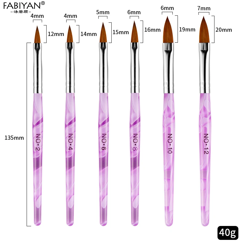 6Pcs Purple Новинка, 6 шт акриловых колонок, Соболь, для дизайна ногтей, плоская кисть, дизайн, точечная раскраска, рисунок, Хрустальная ручка, набор, резьба, салон, советы, строитель - Цвет: 6Pcs Purple