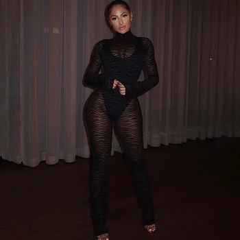 

Stand Collar Backless Women Playsuit Long Sleeve Hollow Out Black Full Trousers Rompers For Sexy Lady Night Club Bodycon
