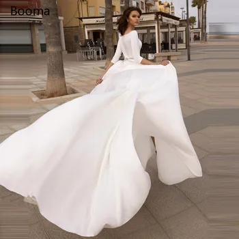 

Elegant Ivory Satin Wedding Dresses Scoop Half Sleeves Crystal Belt Long Bride Dresses A-Line Wedding Gowns Plus Size