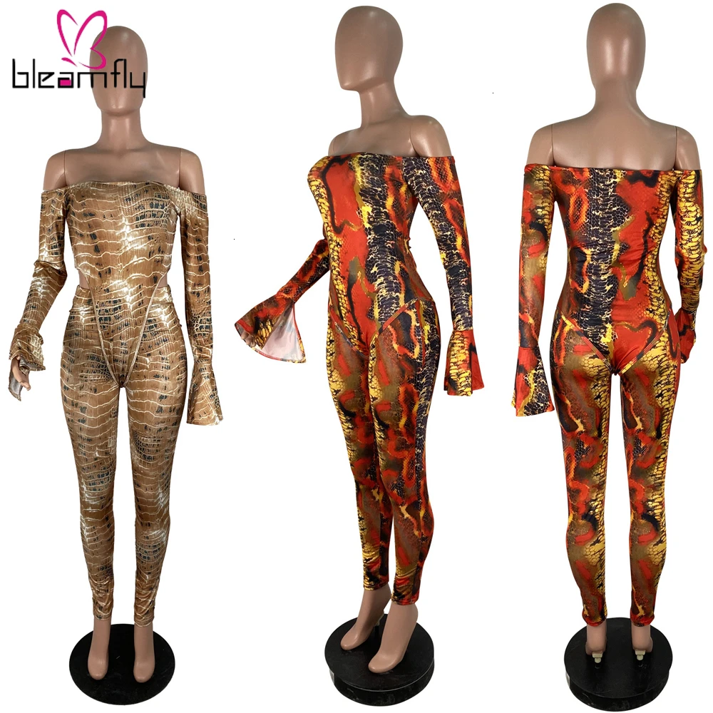 Women Autumn Printed Sets Off Shoulder Slash Neck Long Sleeve Bodysuits+ Bodycon Pants Two Piece Set Sexy Night Club Outfits