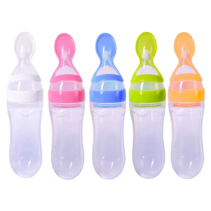 

Newborn Infant Baby Feeding Spoon Squeezing Bottle Silicone Safe Training Rice Spoon Cereal Food Supplement Tableware