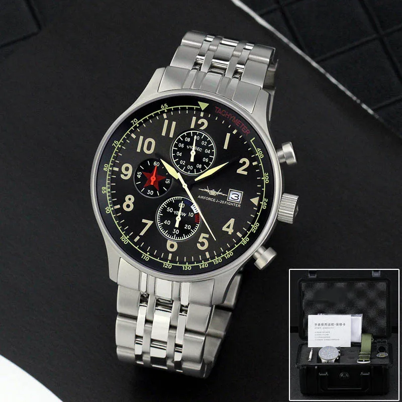 

43mm Classic F-20 Army Quartz Watch Chronograph Waterproof Luminous Calendar Stainless Steel Sapphire Glass Fashion Mens Watch
