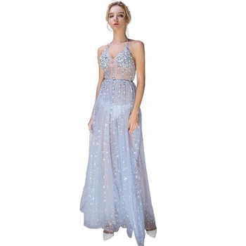 

Sexy net gown transparent long skirt halter open back perspective starry night ktv nightclub beauty seduction evening dressskirt