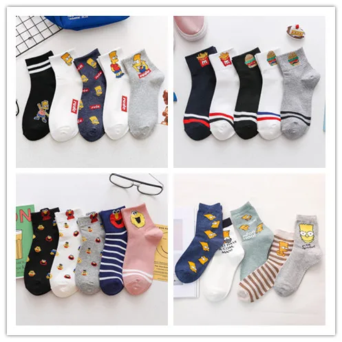 

5 Pairs/lot Sports Simpson Couple Socks Cartoon Hamburger French Fries Funny Happy Men Women Socks Short Ankle Socks Harajuku