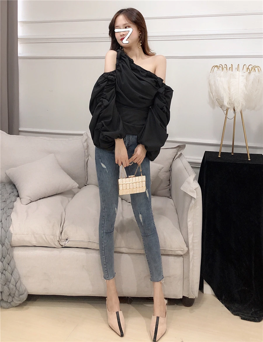 Neploe, асимметричный воротник без бретелек, Blusas, топ, Осень-зима, Корейская нижняя рубашка, фонарь, длинный рукав, одноцветные, тонкие блузки 55958