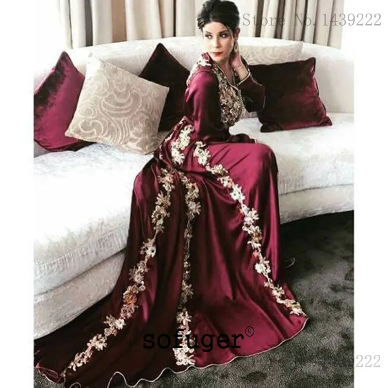 

Burgundy Moroccan Kaftan V Neck Evening Dresses Lace Appliques Mother Dress Arabic Muslim Special Occasion Custom Made