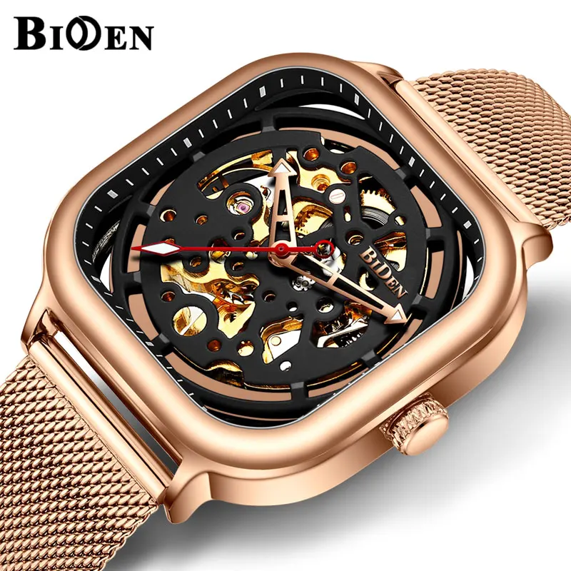 

Top Brand Luxury Clock 2019 Fashion Mens watches Mechanical Watch Rose gold Mesh Strap Ultra Thin Skeleton Dial Watches for men