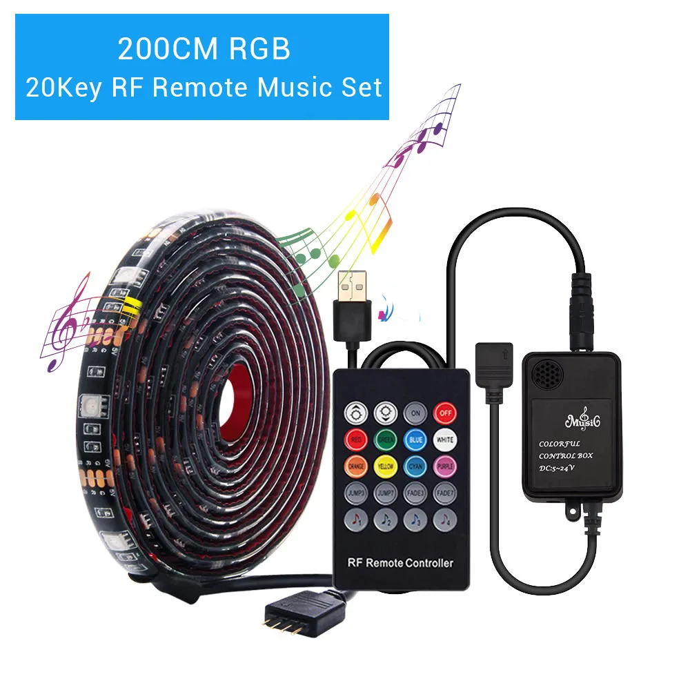 Светодиодная лента RGB 5050 с питанием от USB, 20Key, светодиодный музыкальный контроллер RGBW, Bluetooth, 40Key, светодиодная Диодная лента для телевизора, компьютера, подсветка - Испускаемый цвет: 200CM RGB 20Key