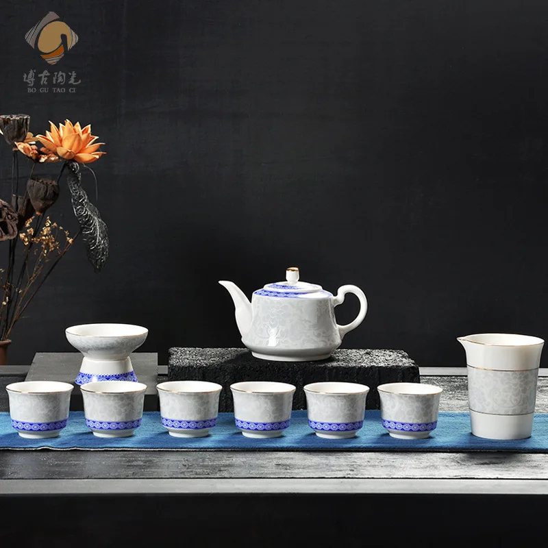 

New Products Listed Blue Pattern Kung Fu Tea Set Whole Set Ceramic Gold Foil Grilled Flower Full Flower Special Offer Tea Pot