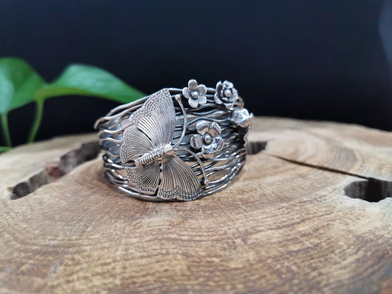 Fyla Mode, распродажа в Европе, 925, тайский серебряный браслет с полым отверстием, браслеты с геометрическими бабочками и цветами, браслет, ширина 40 мм, 56 г