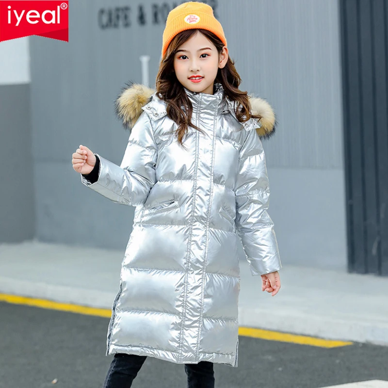 IYEAL/Детский пуховик для девочек; тонкие детские стеганые парки; длинное пальто с капюшоном и натуральным мехом; ветрозащитные куртки; пальто; новая зимняя коллекция
