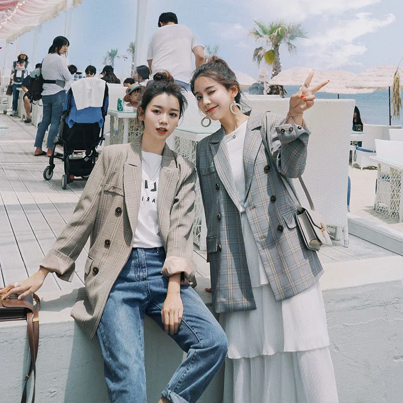 

Plaid Suit Jacket Women's Korean-style Bf2019 Spring And Autumn New Style Retro Hong Ventilation Network Red Tops British Style