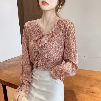 

COIGARSAM Vintage blouse women New Spring Full Sleeve Floral Print Chiffon Loose blusas womens tops and blouses Red 9570