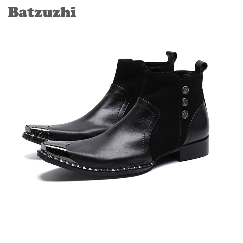 Batzuzhi Western Fashion Men's Boots Pointed Metal Toe Genuine Leather Dress Boots Business Black Leather Boots Botas Militares