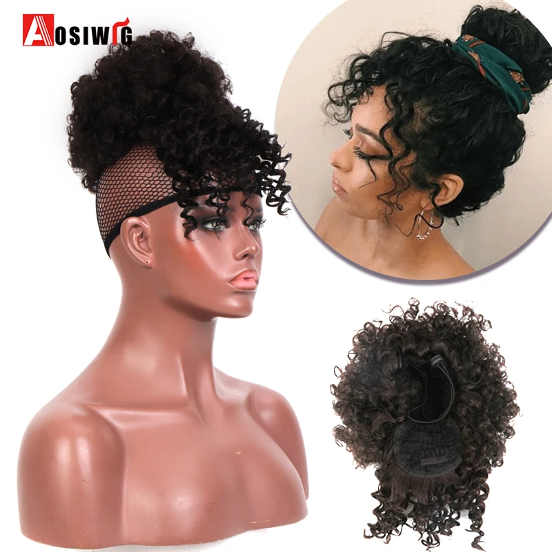 

AOSI Afro Puff Bun With Bangs Drawstring Chignon Synthetic Short Kinkys Curly Clip In Hair Extensions for African American Women