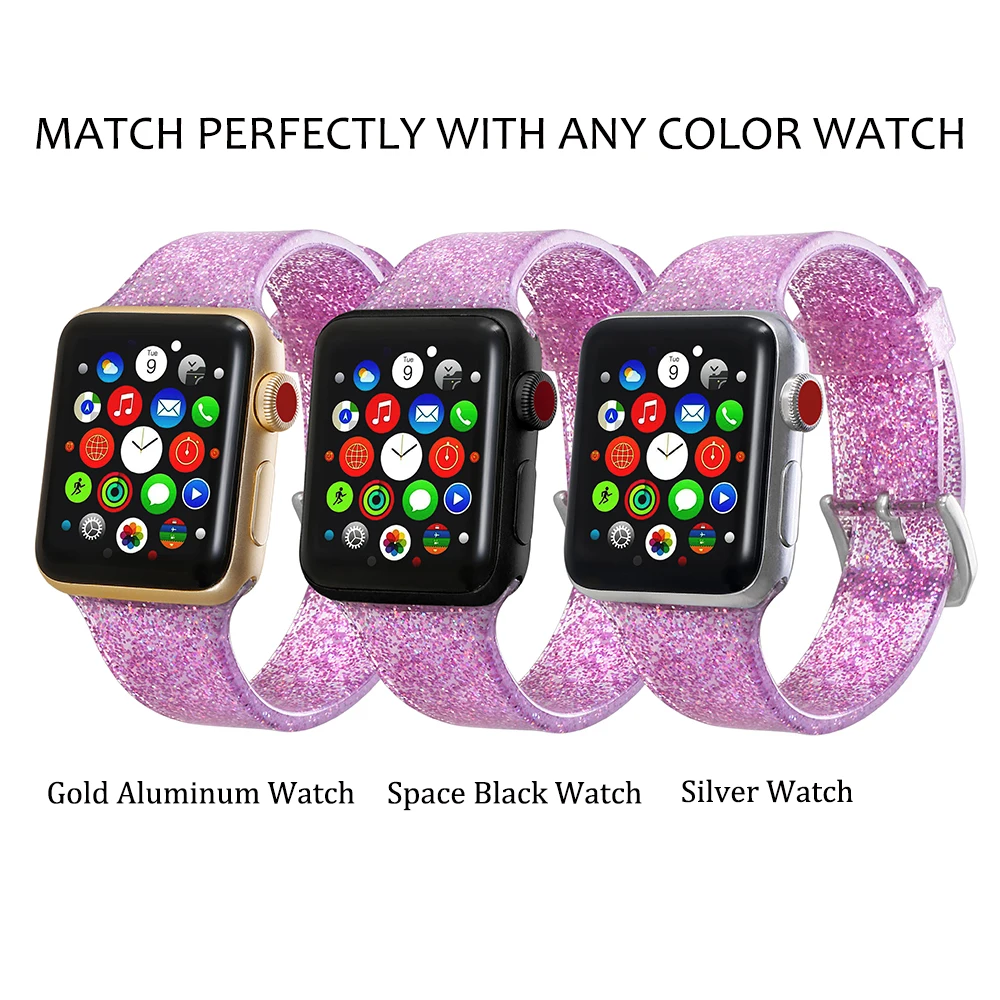 Силиконовый ремешок для часов Apple Watch 38 мм 42 40 44 Блестящий мужчин и женщин сменный