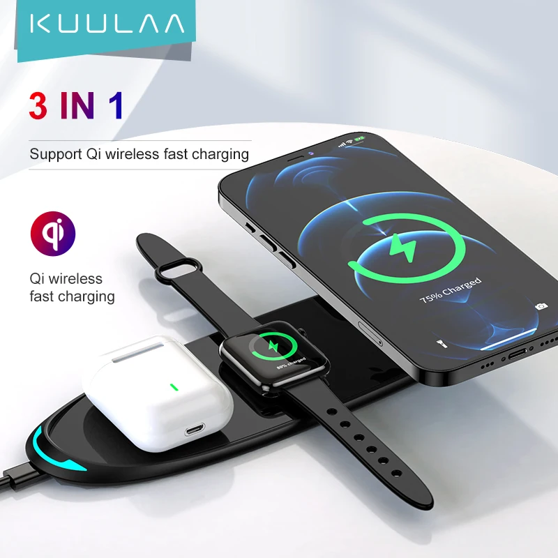 KUULAA 3 in 1 Wireless Charger For iPhone 12 Samsung Fast Wireless Charging Pad For Apple Watch 5 4 3 For Airpods Chargepad