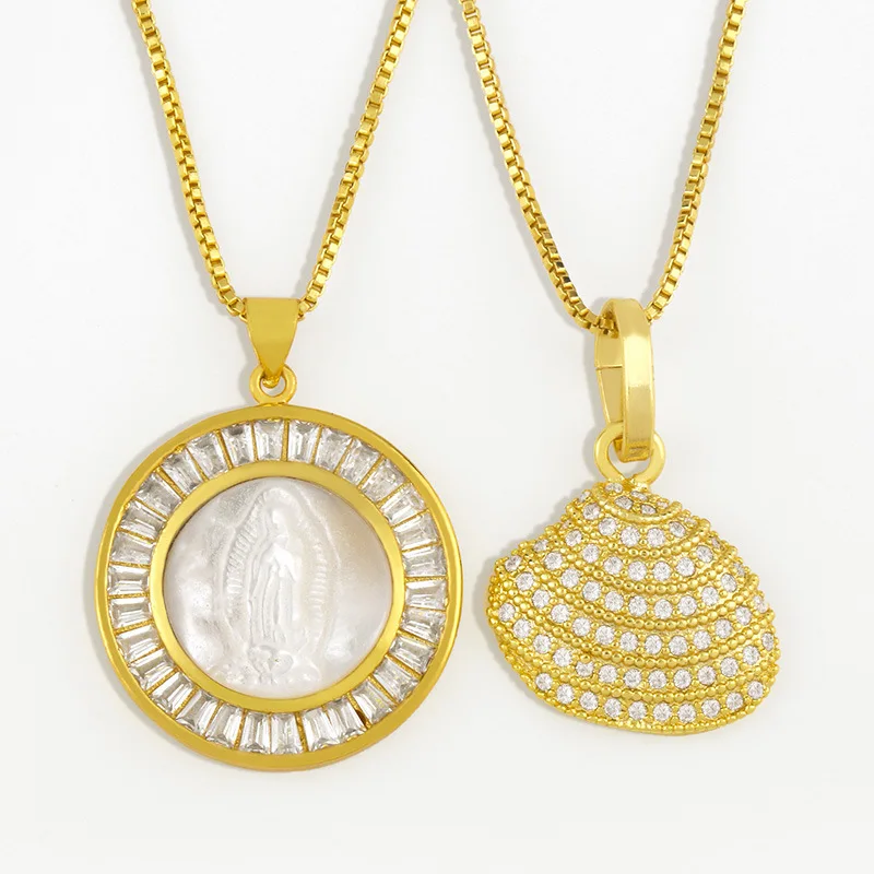 Small size Round Virgin Mary Necklace For Women Gold Crystal Conch Shell Pendant CZ Cubic Zirconia statement Jewelry | Украшения и