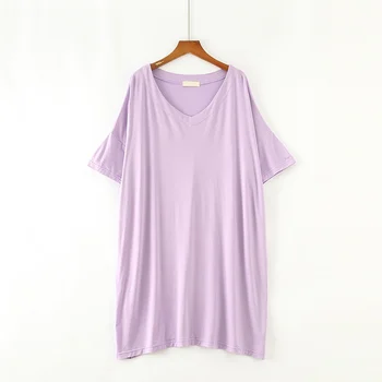 

Women Loose Nightdress Modal Split Fork V-neck Plus Fat Large Size Half-sleeved Nightdress