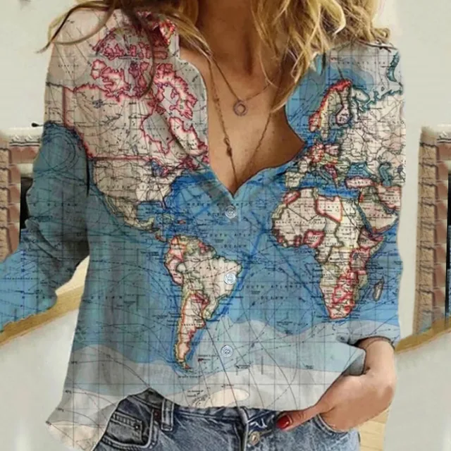 World Map Print Lapel Button Shirts Long Sleeve Loose Blouses 2