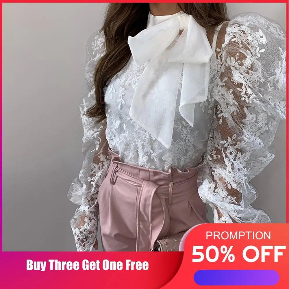 

Three Ratels Bow collar Mesh Sheer Blouse See-Through Puff Long Sleeve Ruffle Top Shirt Blouse Ladies Elegant Party/Clubwear