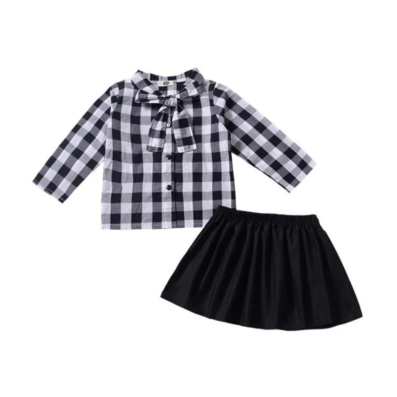 

Baby Girl Clothes Set 2019 Autumn Girls Plaid Bow Tie Cardigan Top + Solid Color Short Skirt Two-Piece Sets For 1-4Y