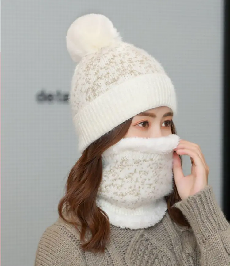 Jacquard weave knitted hat scarf set women warm winter beanie sweet hat school hat - Цвет: ivory