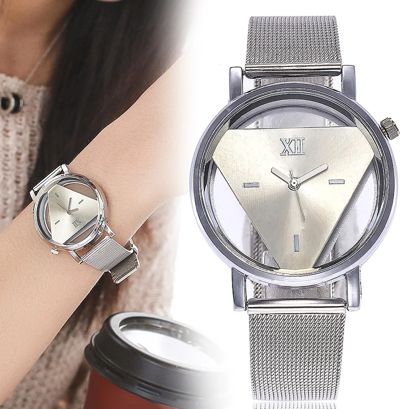 

Women Classic Quartz Watch Alloy Mesh Band Triangular Embedded Dial Watch Gifts KQS8