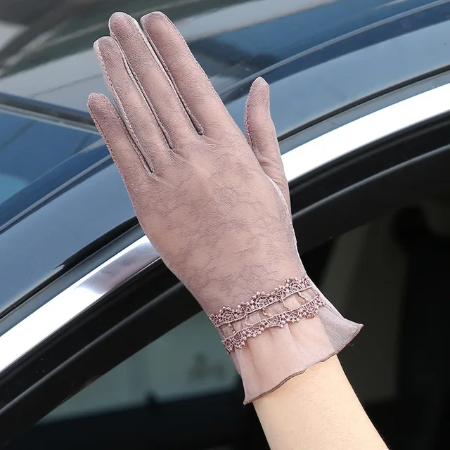 Ladies summer sun protection gloves lace anti-UV gloves black sexy breathable riding driving sunshade short gloves female 03K - Цвет: 03K Coffee