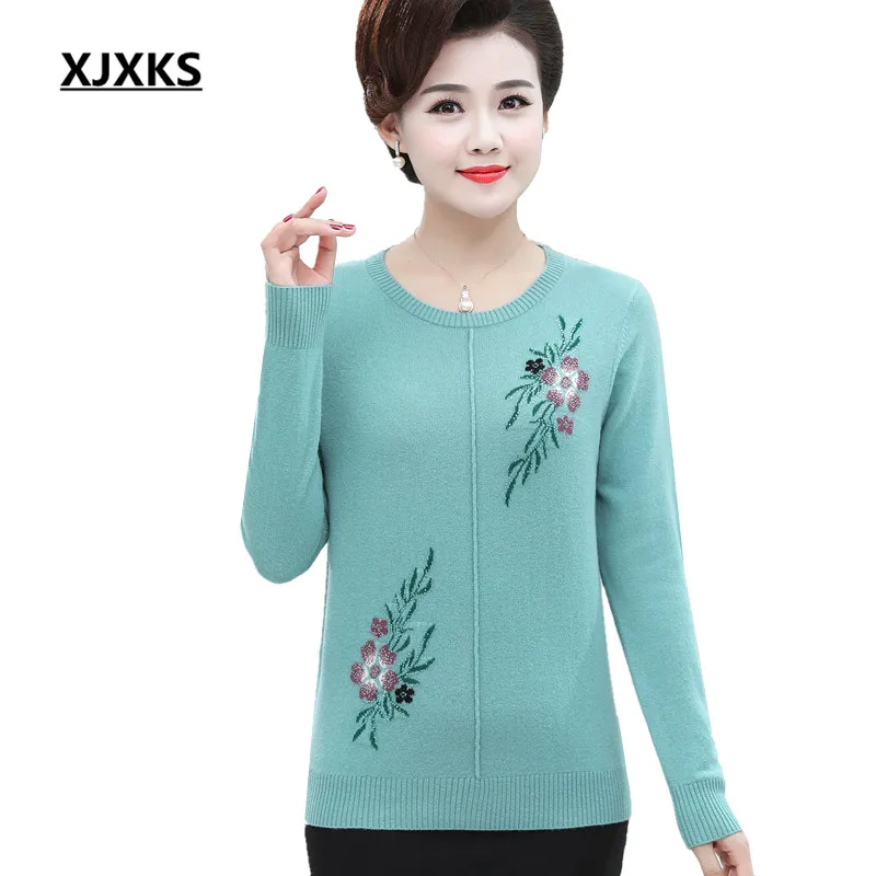 

XJXKS 2019 autumn winter new loose plus size women printing sweater high quality 100% pure wool knitted sweater women's pullover
