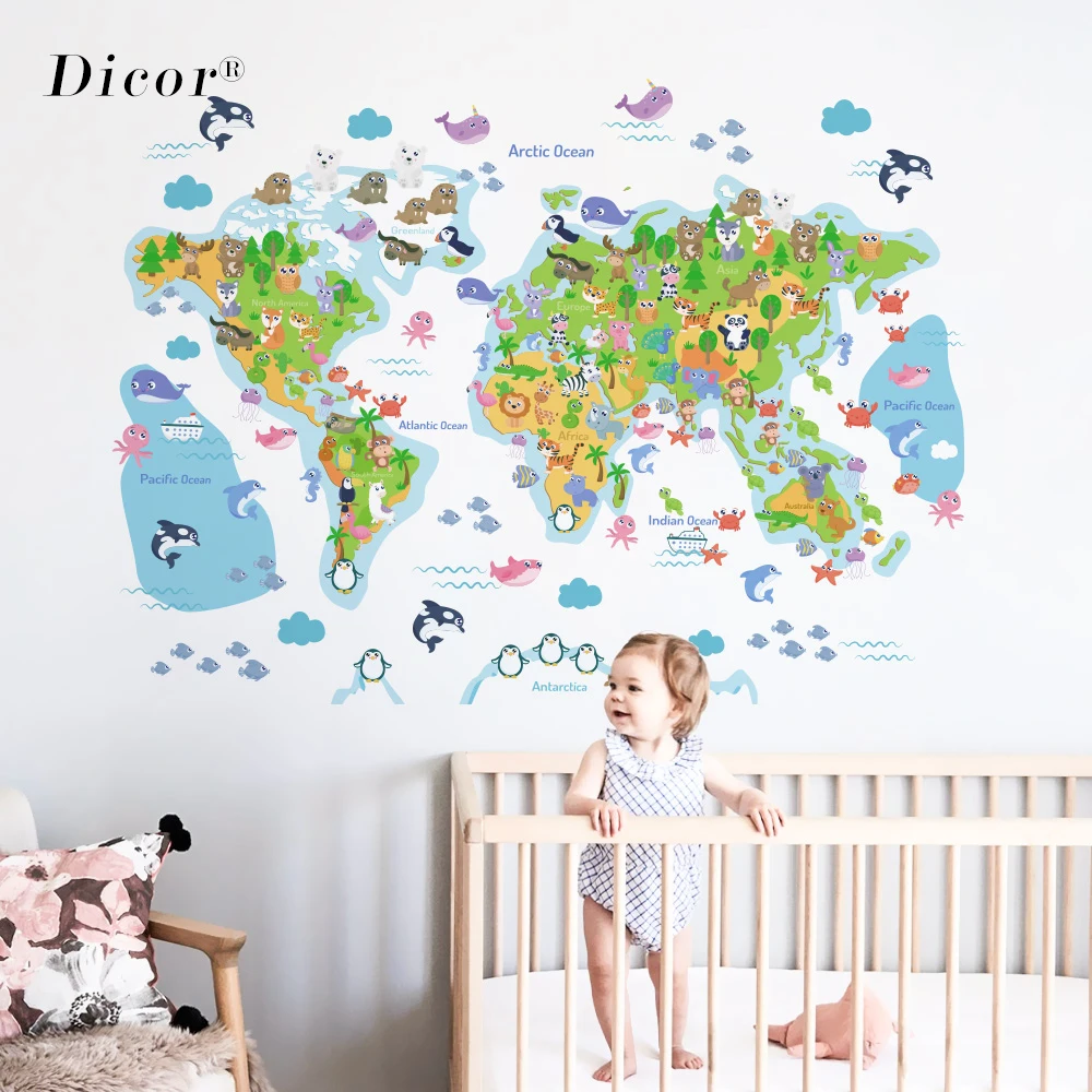 

DICOR 3 Kinds Cartoon World Map Wall Sticker Animals For Kids Room Nursery DIY Mural Creative Waterproof Decal PVC Wallpaper New