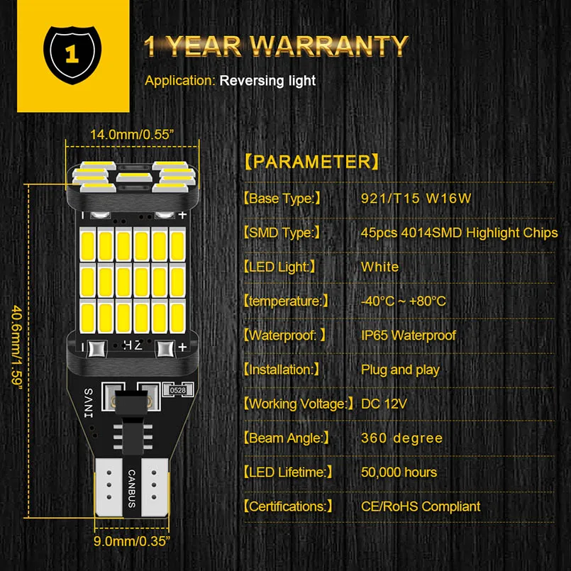 Katur 2 шт. 1200Lm светодиодный 15 W16W светодиодные лампы Canbus 920 912 4014SMD белые 12 В