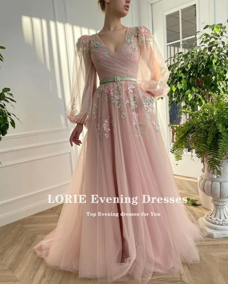LORIE Fairy Prom Dress V Neck Appliques Flowers Pink Long Puff Sleeve Party Dress for Graduation Celebrity robe fete femme