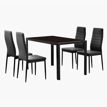 

4pcs Elegant Assembled Stripping Texture High Backrest Dining Chairs Simple Assembled Tempered Glass & Iron Dinner Table Set US