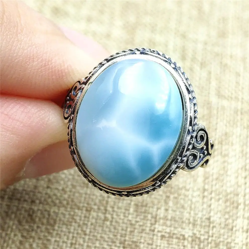 Top Natural Blue Larimar Adjustable Size Ring Jewelry 925 Solid Silver Woman Love Gift 15x12mm Crystal Ring AAAAA