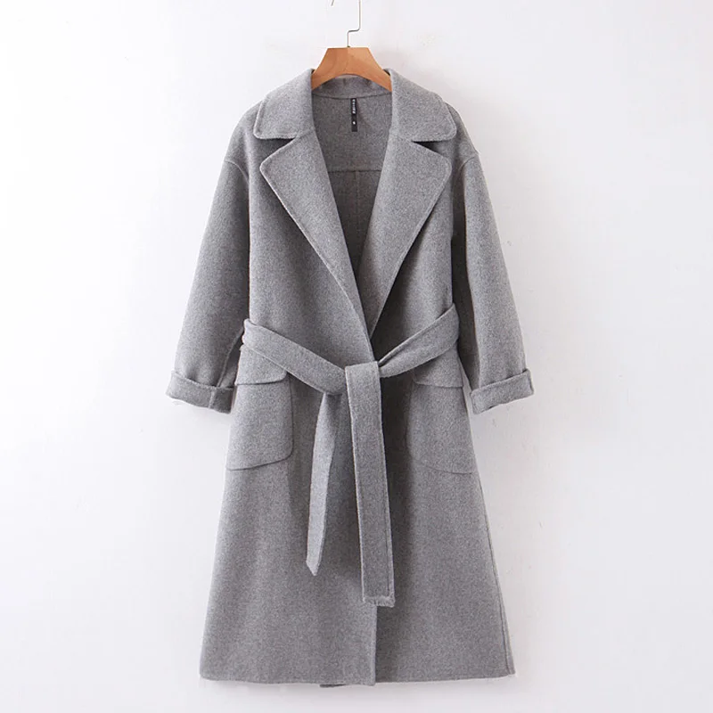 AGong, одноцветное шерстяное пальто с поясом на талии, женские модные тонкие двухсторонние куртки, женские элегантные пальто с карманами, женские JY - Цвет: XQBWL2667 Gray