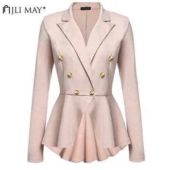 

JLI MAY Double Breasted Metal Elegant Womens Blazer Long Sleeve Solid V-Neck Notched Patchwork High Waist Vintage Office Lady