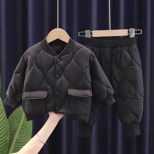 New Winter Children Keep Warm Clothes autumn Kids Boys Girls Thicken Cotton Jacket Pants 2Pcs/sets Baby Infant Casual Tracksuits F215201F Black