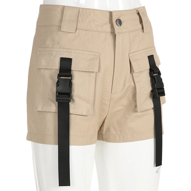 2019 Spring Summer High Waist Shorts With Buckle Ribbon Khaki Korean Street Style Cotton Short Feminino Cargo Shorts