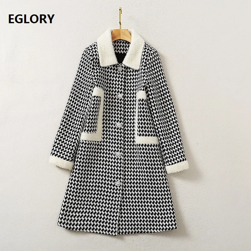 

High Quality New 2020 Autumn Winter Wool Overcoats Women Turn-down Collar Geometric Prints Rabbit Hair Deco Vintage Long Coats