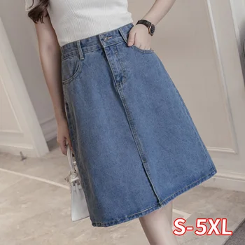 

2020 New Oversized Summer Female A-line Skirts Solid Color Sweet Blue Denim Skirt Women Hipster Split Jeans Saias S-5X