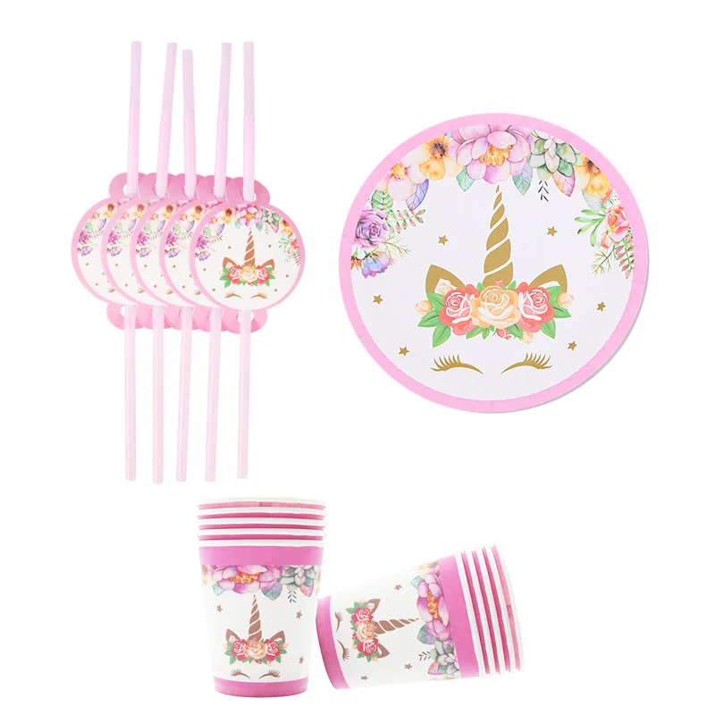 30pcs set Новогодняя Коллекция года, товары для вечеринок в виде единорога на день рождения, бумажные тарелки и стаканы для девочек, вечерние украшения для детского душа для девочек, свадебные украшения - Цвет: 30pcs set
