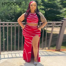 

Sparkle Crystal Embellished Skirt Set Two Piece Sexy Sleeveless Rhinestone Crop Top High Split Red Skirt Set Clubwears Plus Size