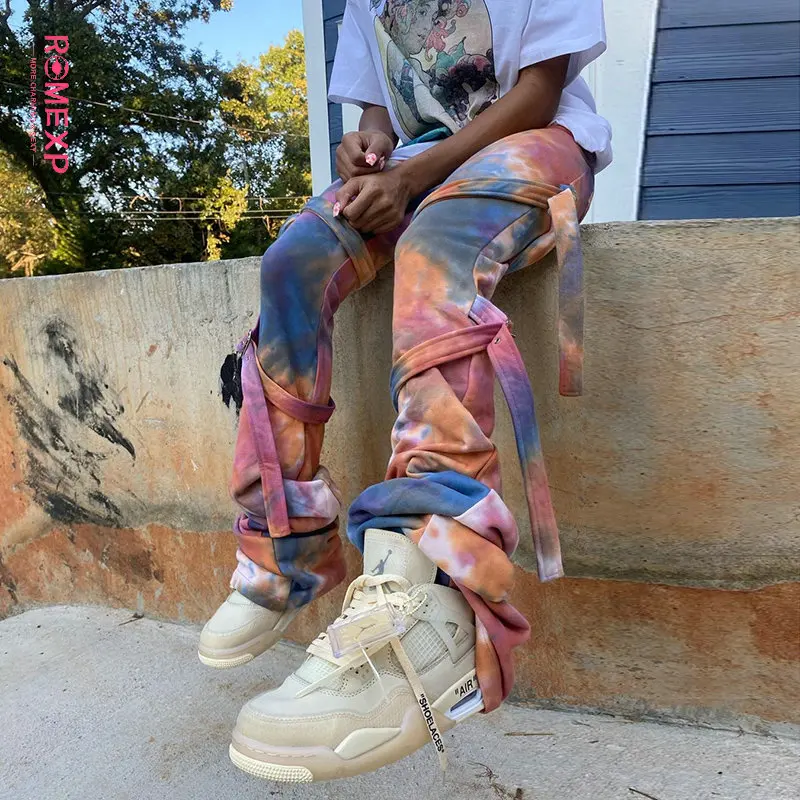 

Romexp Belts Straight Stacked Sweatpants Tie Dye Printed Women Elastic Waist Colorful Bottoms Casual Street Style Cool Trousers
