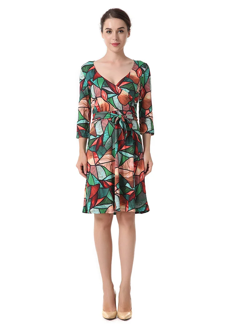 New Casual Fashion Women Summer Mini Dresses Solid V-Neck 3/4 Sleeve Elegant A-Line Dress With Belt AB411