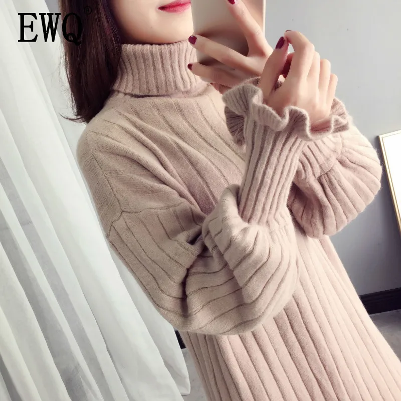 

[EWQ] 2019 Spring Autumn New Pattern Turtleneck Collar Long Sleeve Solid Patchwork Knitting Long Dress Women AH42811