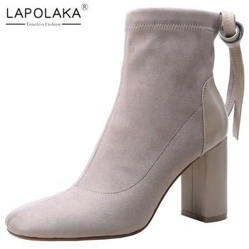 

Lapolaka New Arrivals 2020 Top Quality Kid Suede Chunky High Heels Ankle Boots Woman Shoes Slip On Concise Shoes Women Boots